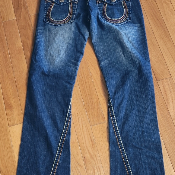 VINTAGE TRUE RELIGION RAINBOW FLAP POCKETS SIZE 28X28 Dark wash johnny - Picture 10 of 16